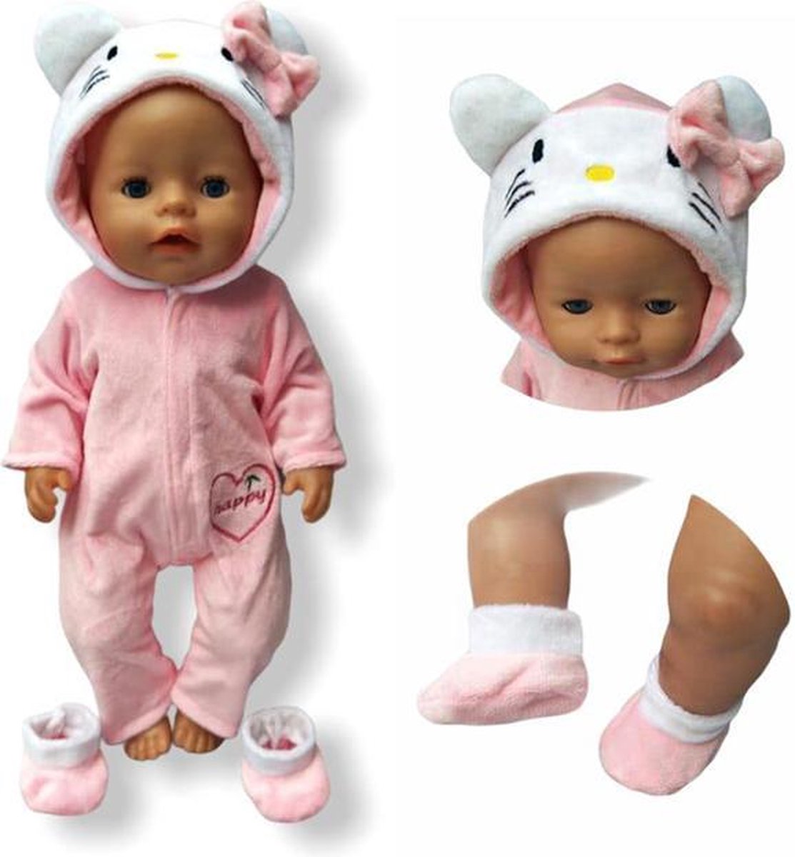 Poppenkleding meisje - Geschikt voor oa Baby Born - Roze- Kitten - Huispak - Poppenkleertjes 43 cm - Onesie - GRATIS verzending