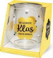 Einde schooljaar - Wijnglas - Waterglas - De leukste klas van de wereld - Voor juf en meester - Gevuld met verpakte Italiaanse bonbons - In cadeauverpakking met gekleurd lint