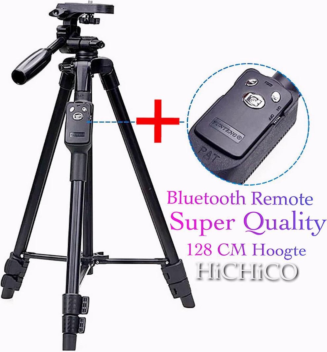 Super Tripod Camera Statief 128 Cm voor Fotocamera en Smartphone - Canon – Nikon - Spiegelreflexcamera + Bluetooth Remote Shutter Zwart – HiCHiCO