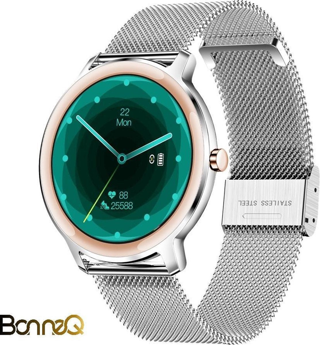 BonneQ - Luxe dames Smartwatch - Stappenteller - Stappenteller horloge dames - Hartslagmeter - Calorieënverbruik - Sportfuncties - Ontvang inkomende berichten (social media) – Bellen - Slaaptracker – Zilver