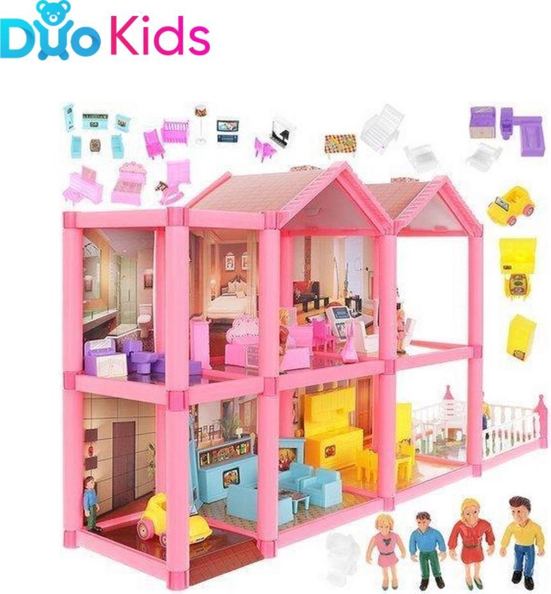 Duo Kids - Villa Groot Poppenhuis - 32 Delig + Poppen en Meubels - Speelgoed Meisjes