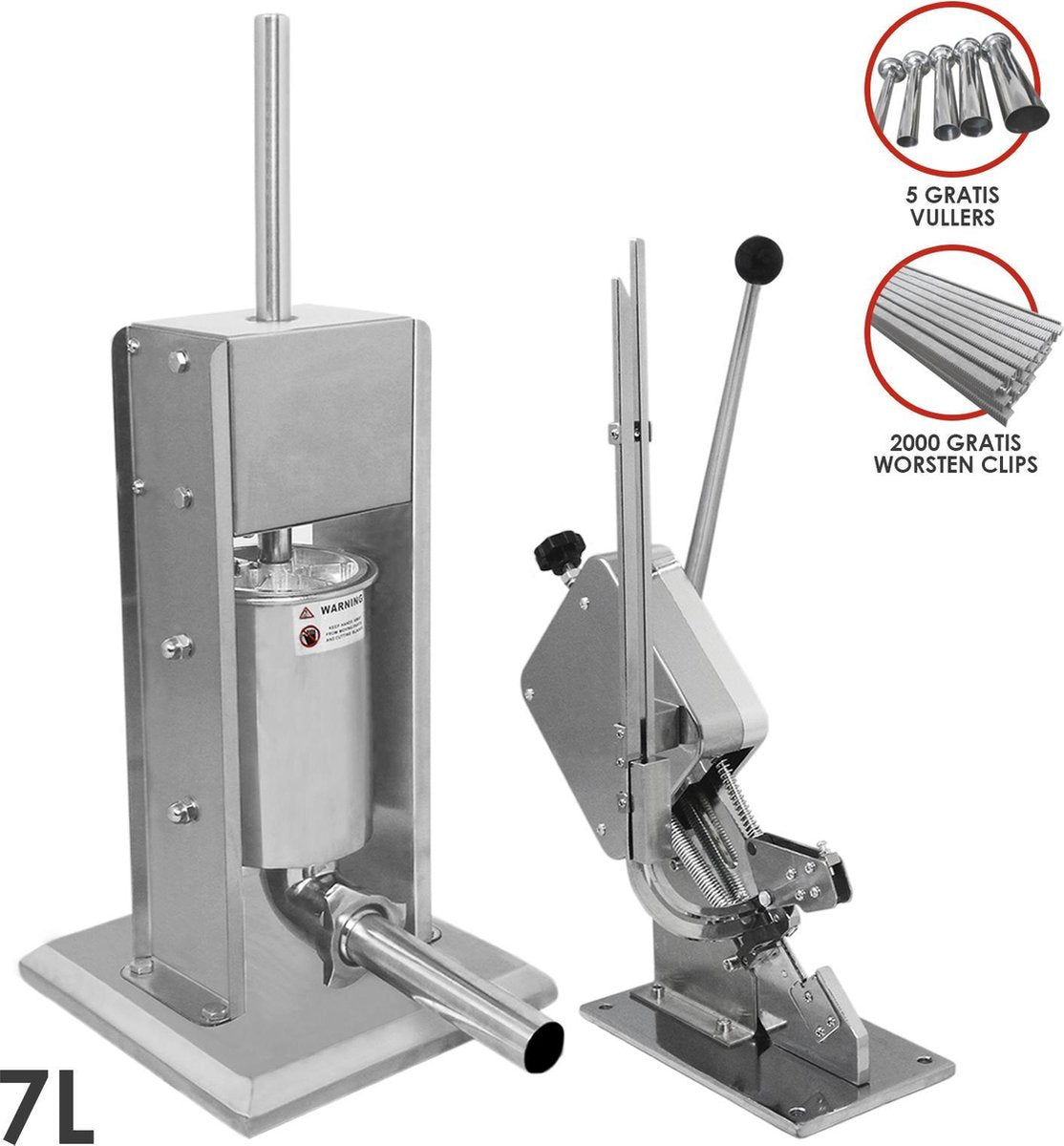 Bundel: Kukoo 7 Liter Worsten Vuller + KuKoo Worsten Knipper - Handmatige bediening - 2000 GRATIS clips - 5 GRATIS trechters