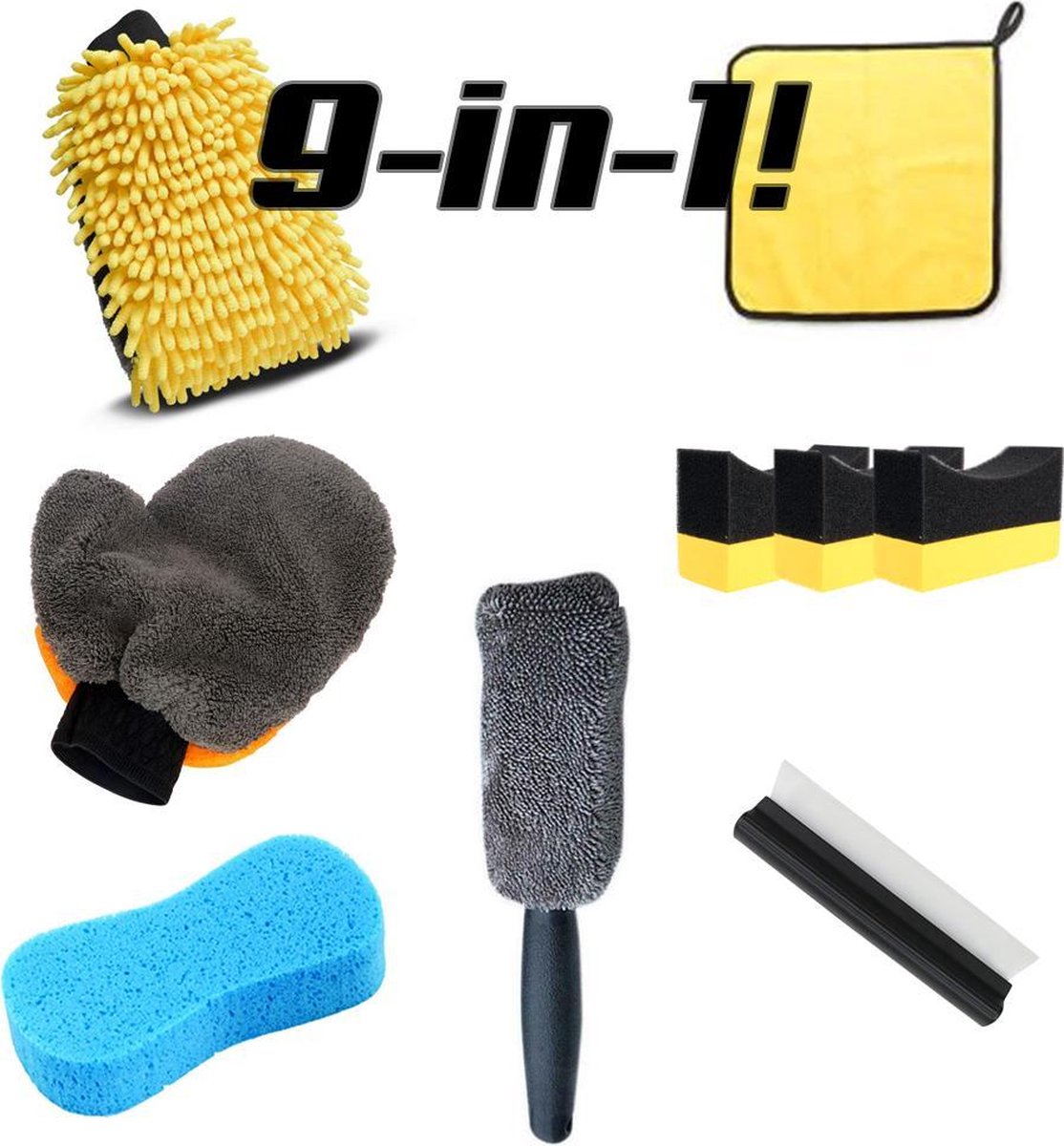 BIKEMOTION Schoonmaakset - 9-in-1set  - Washandschoen - Vacuüm spons - Velgenborstel - Microvezeldoek - Detailspons - Siliconen ruitenwisser - Auto/Motor/Fiets/Scooter/Brommer