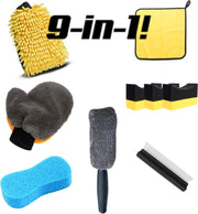 BIKEMOTION Schoonmaakset - 9-in-1set  - Washandschoen - Vacuüm spons - Velgenborstel - Microvezeldoek - Detailspons - Siliconen ruitenwisser - Auto/Motor/Fiets/Scooter/Brommer