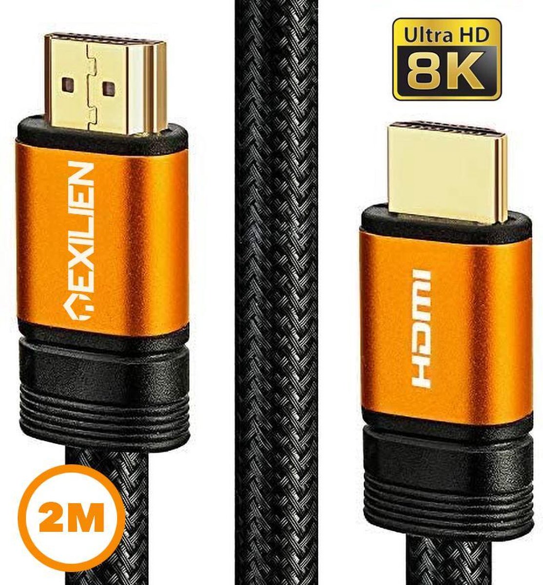 Exilien Premium 8K Ultra HD 48Gbps High Speed HDMI 2.1 Kabel – HDMI 1.4 en 2.0 backward- Met HDMI Ethernet Channel (HEC) en eARC Ondersteuning - Nylon Bedrading met 24K Gold Plated Contacts - PS5 en Xbox Series X Ondersteuning- 2 meter