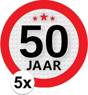5x 50 Jaar leeftijd stickers rond 9 cm - 50 jaar verjaardag/jubileum versiering