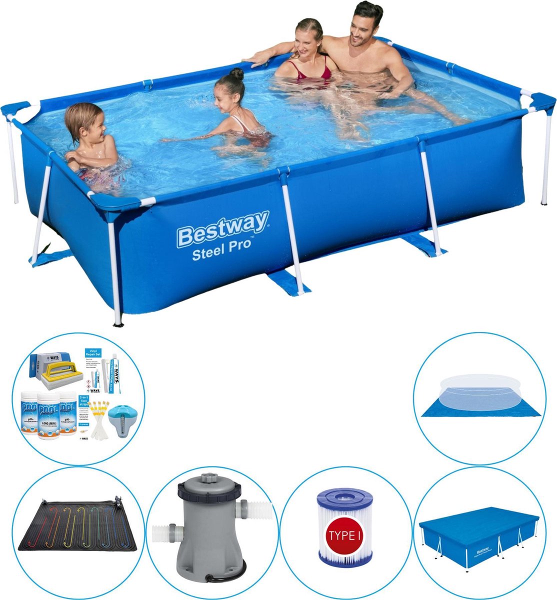 Bestway Steel Pro Rechthoekig Zwembad - 259 x 170 x 61 cm - Blauw - Voordeelset