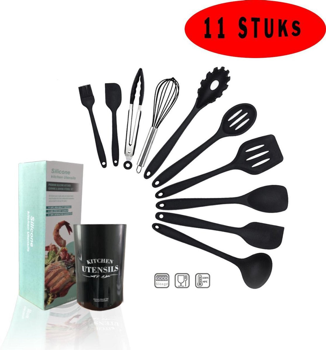 Keukengerei set 11 Delig - Met Houder - Keukengerei houder set  - kookgerei siliconen - Kookgerei met lepel houder - Keuken organizers - keukenaccessoires