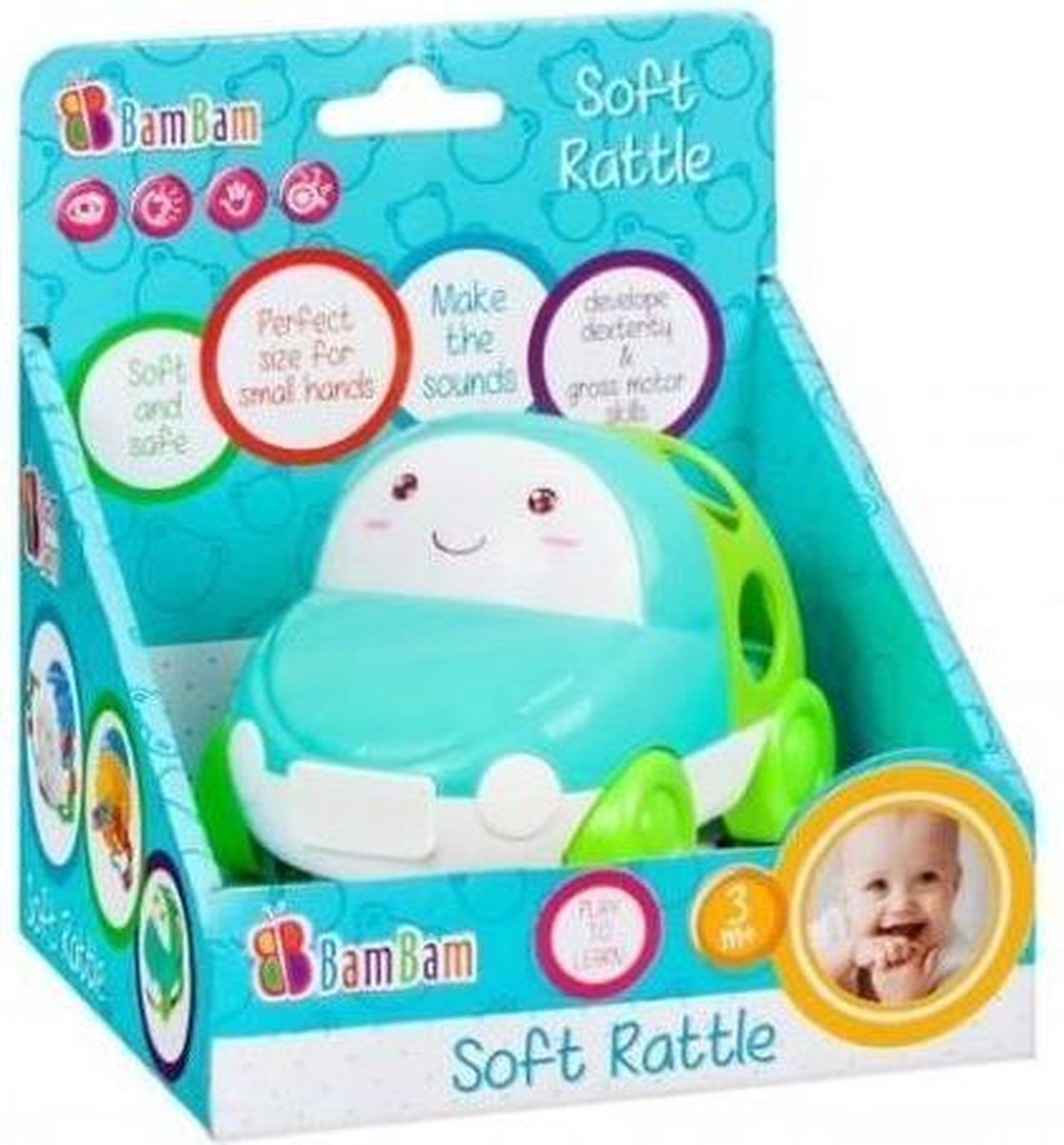 Bam Bam zachte auto rammelaar - kinderen baby / peuter - Blauw groen schattig speelgoed