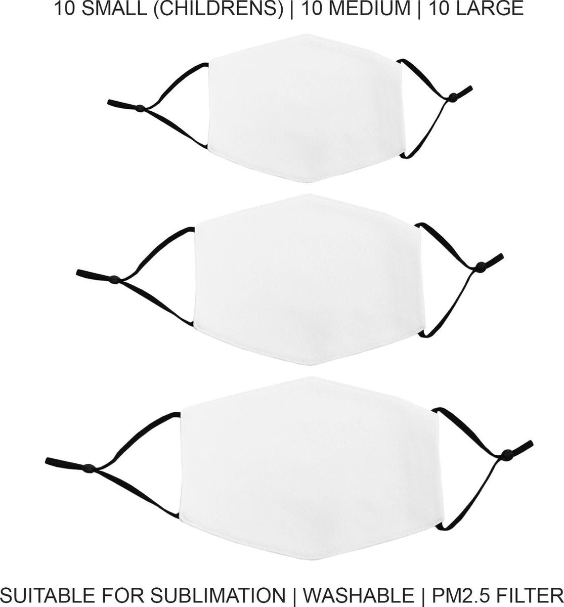 Sublimatie mondkapjes - Set van 30 - Verschillende maten - Small Medium Large - sublimeren bedrukken - pm2.5 filter - mondkapje face mask gezichtsmasker herbruikbaar wasbaar uitneembare filter blanco mondmasker