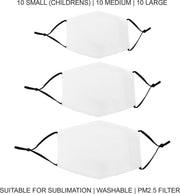 Sublimatie mondkapjes - Set van 30 - Verschillende maten - Small Medium Large - sublimeren bedrukken - pm2.5 filter - mondkapje face mask gezichtsmasker herbruikbaar wasbaar uitneembare filter blanco mondmasker
