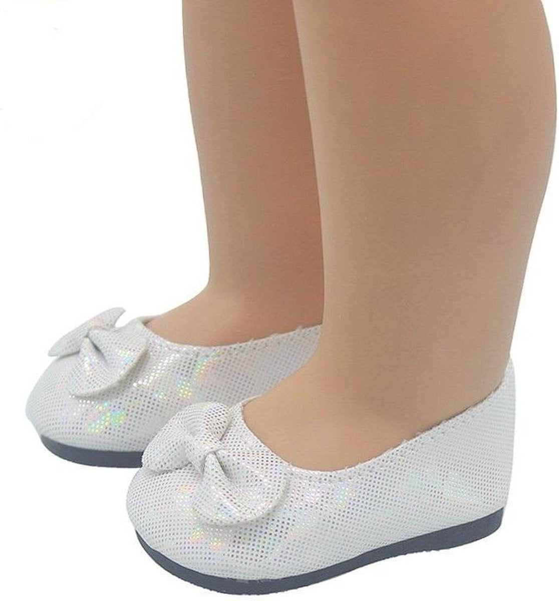 Dolldreams |  Poppenschoenen wit - Glitter balerina schoenen met strikje - voor baby born pop