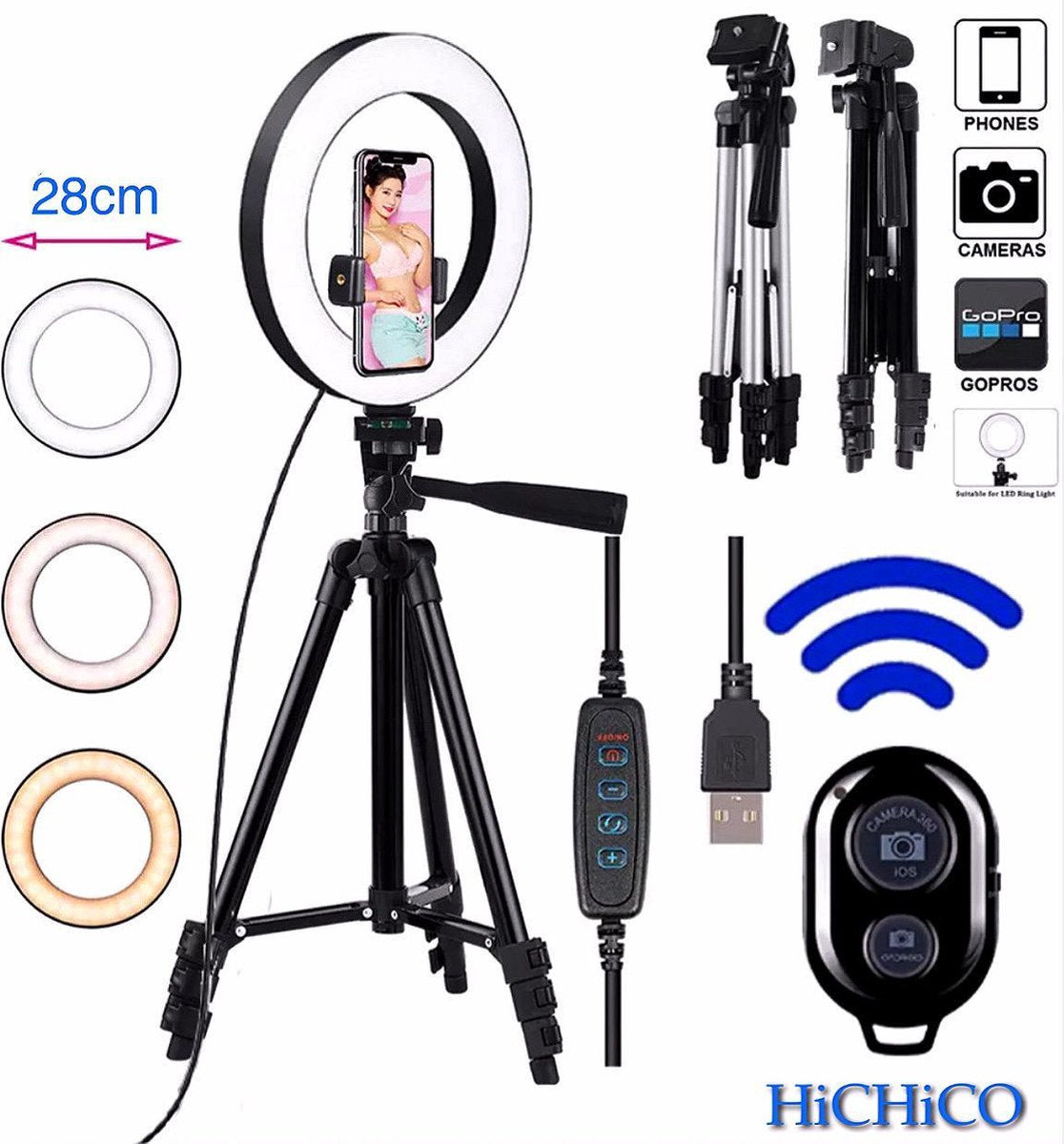 LED Ring Light 22 Cm met Smartphone Tripod Camera Statief 102 Cm Zwart Inclusief Bluetooth shutter – HiCHiCO