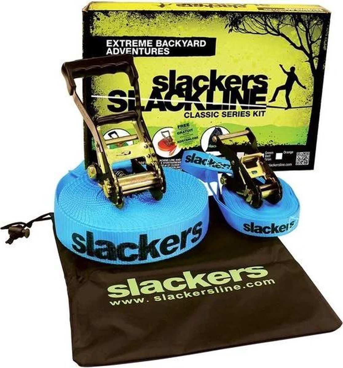 CHILDKRÖT FUNSPORT® - Slackline - Slackers - Set - 15 meter lang - 5 centimeter breed - Inclusief hulplijn - Teaching line - Nylon - Staal - Max 150 kg
