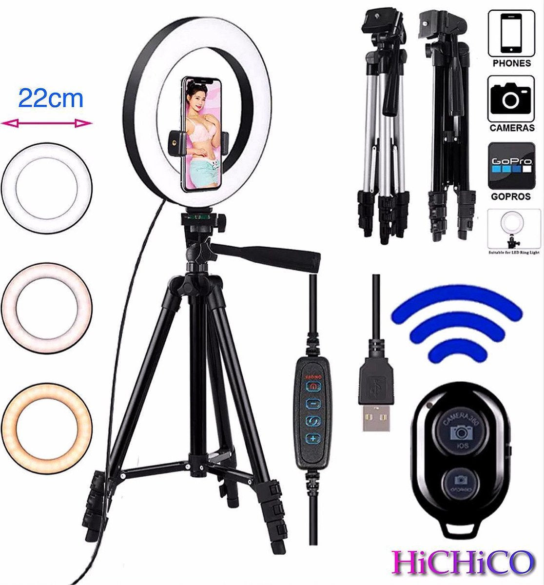 Tripod Camera Statief 102 Cm Zwart met LED Ring Light 22 Cm Inclusief Bluetooth shutter – HiCHiCO