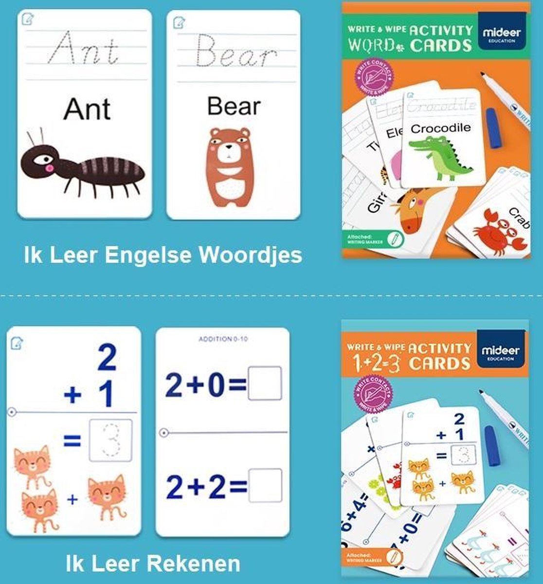 MiDeer Ik Leer Schrijven Woorden & Rekenen  (2 separate sets) - Engelse woorden leren -  Herbruikbare pennen en kaarten - 2 verschillende sets pennen en kaarten - Flash Card voor vroeg onderwijs: Ik Leer Engelse Woordjes & Ik Leer Rekenen