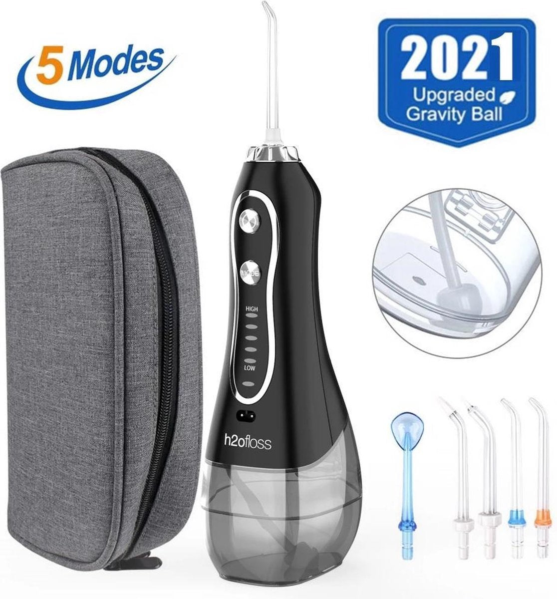 YQB Waterflosser - Monddouche - 5 Reinigingsstanden - 5 Opzetstukjes - 300ml Tank - Inclusief  opbergtas - Zwart