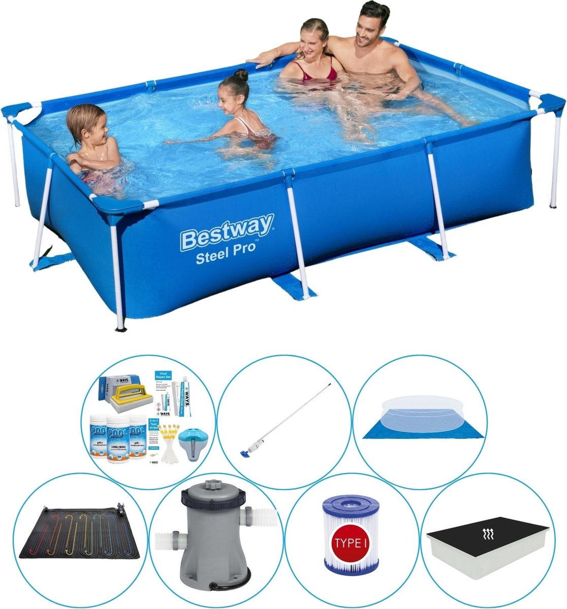 Bestway Steel Pro Rechthoekig Zwembad - 259 x 170 x 61 cm - Blauw - Alle benodigdheden