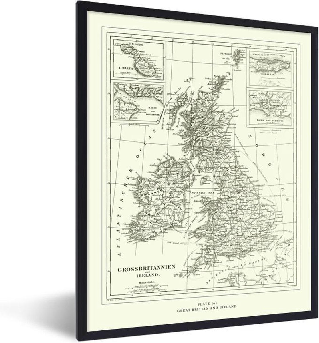 Poster met lijst Moderne & Klassieke Kaarten - Klassieke wereldkaart Groot Brittannië en Ierland - fotolijst zwart - 60x80 cm - Poster met lijst