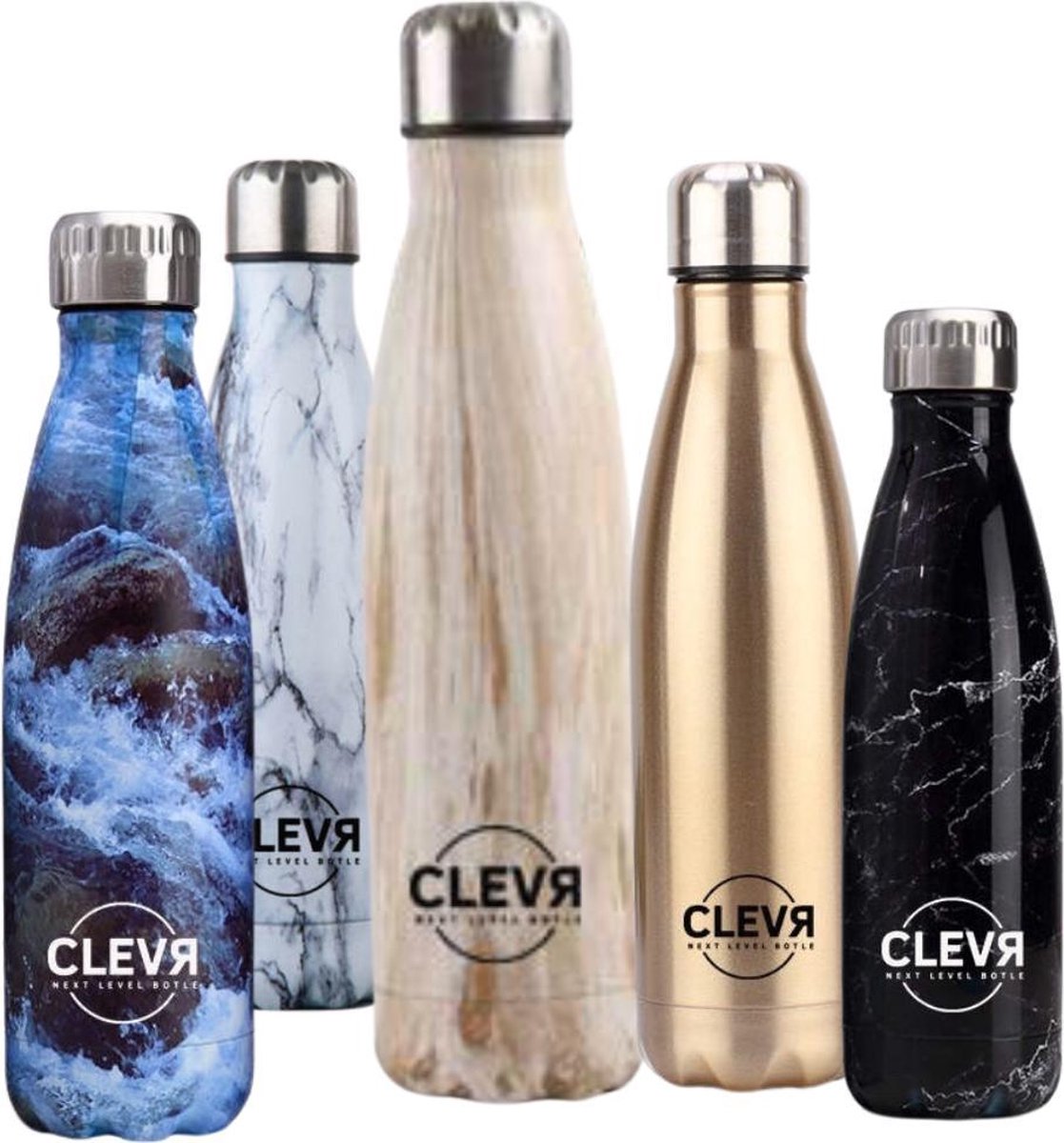 CLEVR Waterfles in roestvrijstaal met hout look inclusief gratis beschermhoes en reinigingsborstel - 500ml - hout