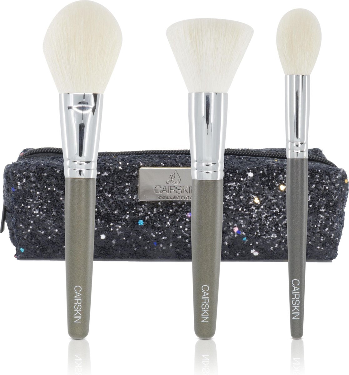 CAIRSKIN Sage Green 3 Brushes Powder Buffer Blending Blush Brushes - Fixing Setting Powder + Glitter Etui