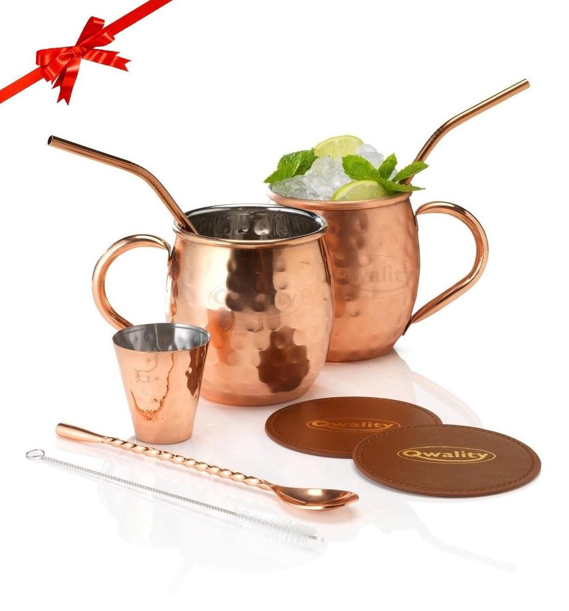 Moscow Mule Beker Set – Cocktail set - Inclusief 2 Heerlijke Mule Recepten - Luxe Cadeau Man Vrouw - 500ml – Qwality