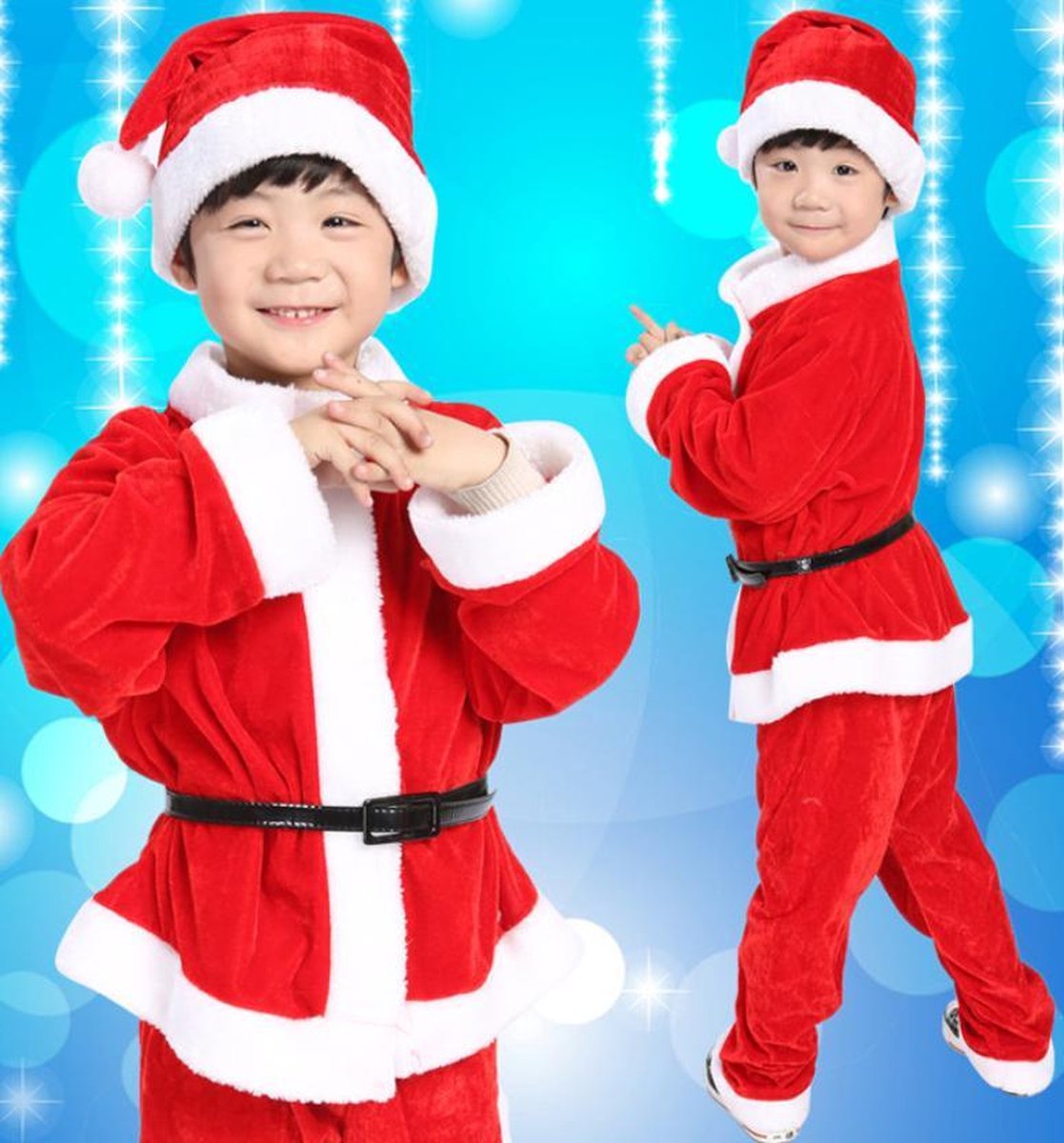 Fluweel Kerstman Kostuum voor Jongen 5-6 jaar - Maat: 120 - 4 delig: Jas