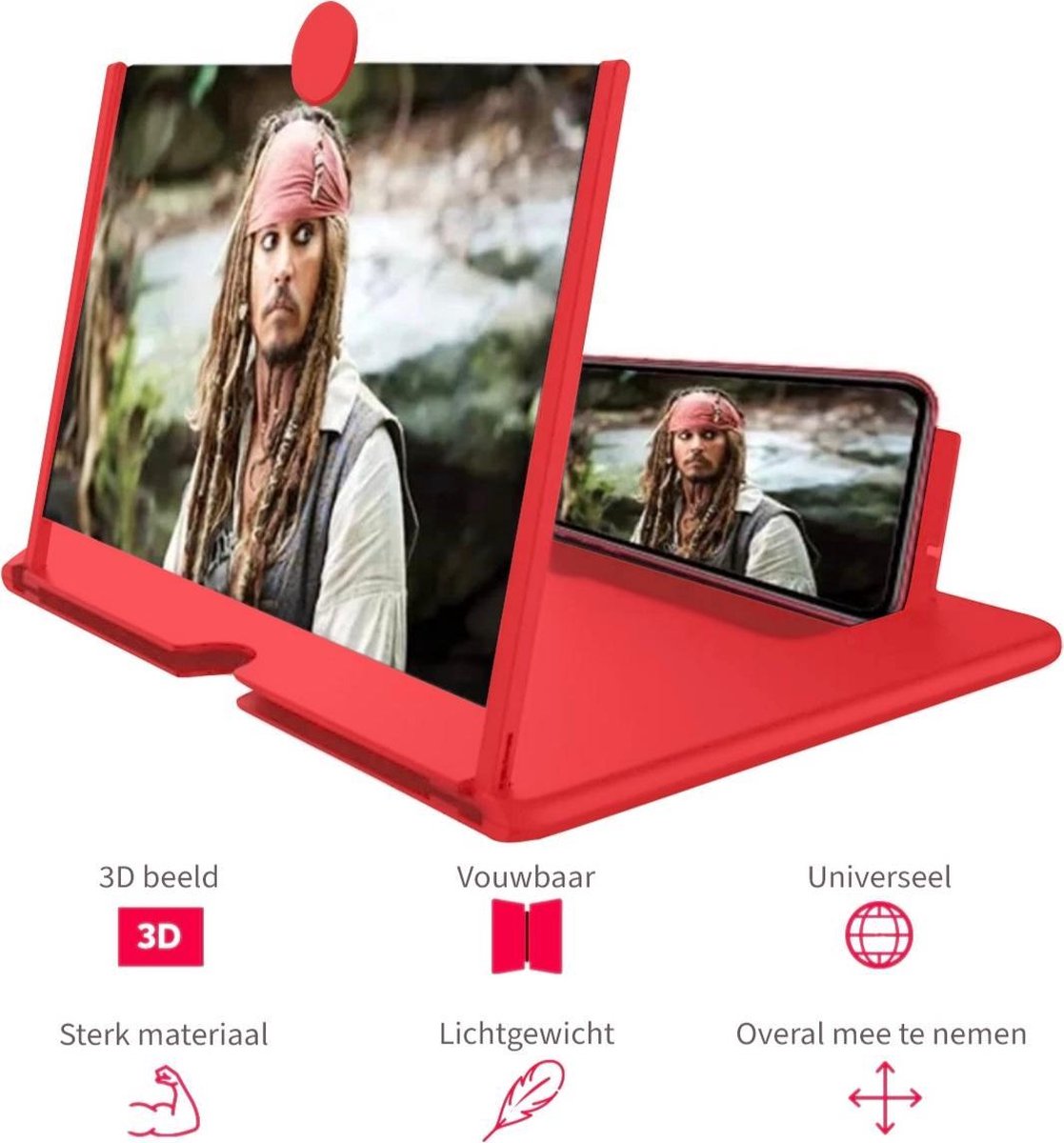Telefoon Vergrootglas- Smartphone Vergrootscherm- 3D beeld- Rood 12 Inch- Inclusief Smartphone ringhouder