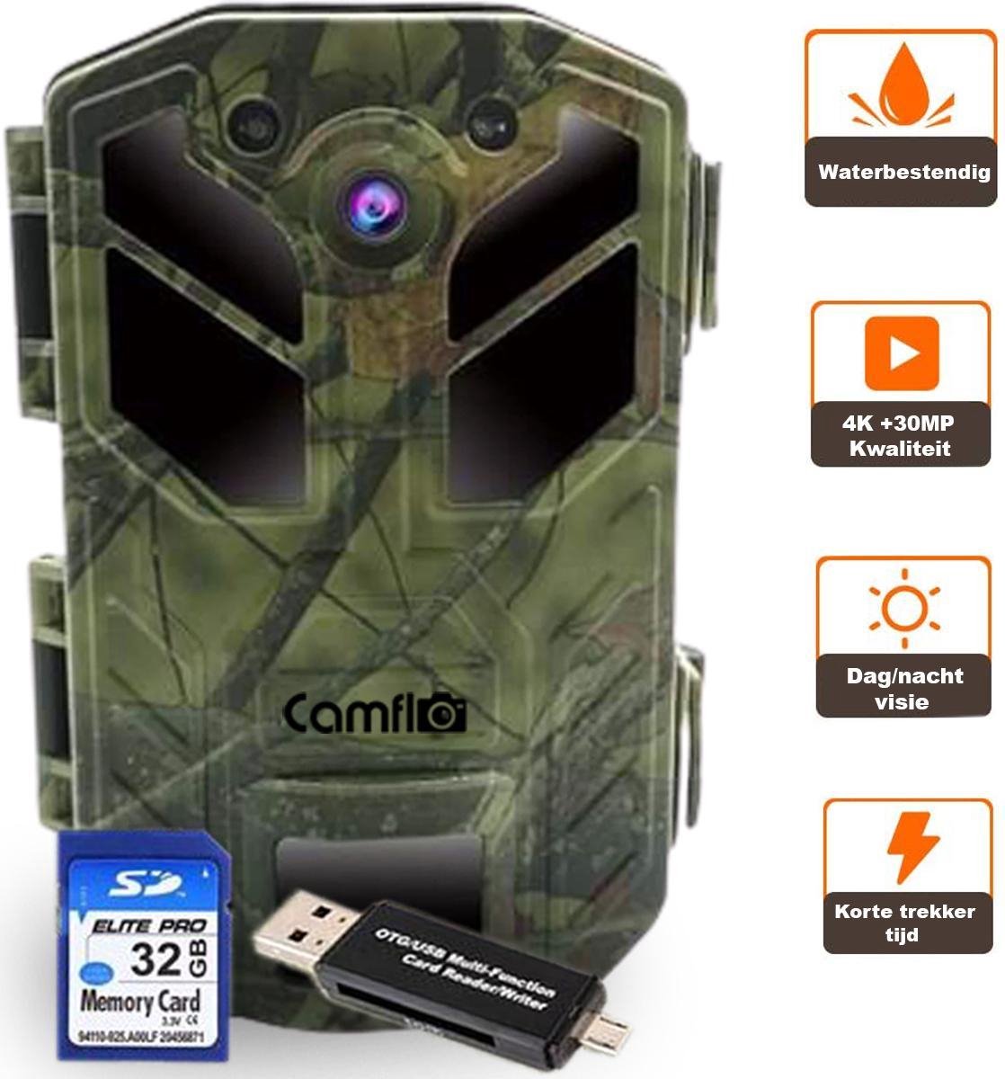 Wildcamera 30 MP & 4K Ultra HD Video - Incl. SD kaart 32GB + Kaartlezer en 8 AA Batterijen – Wildlife camera - Jachtcamera – Observatiecamera – Bewakingscamera – Wild camera - Camouflage
