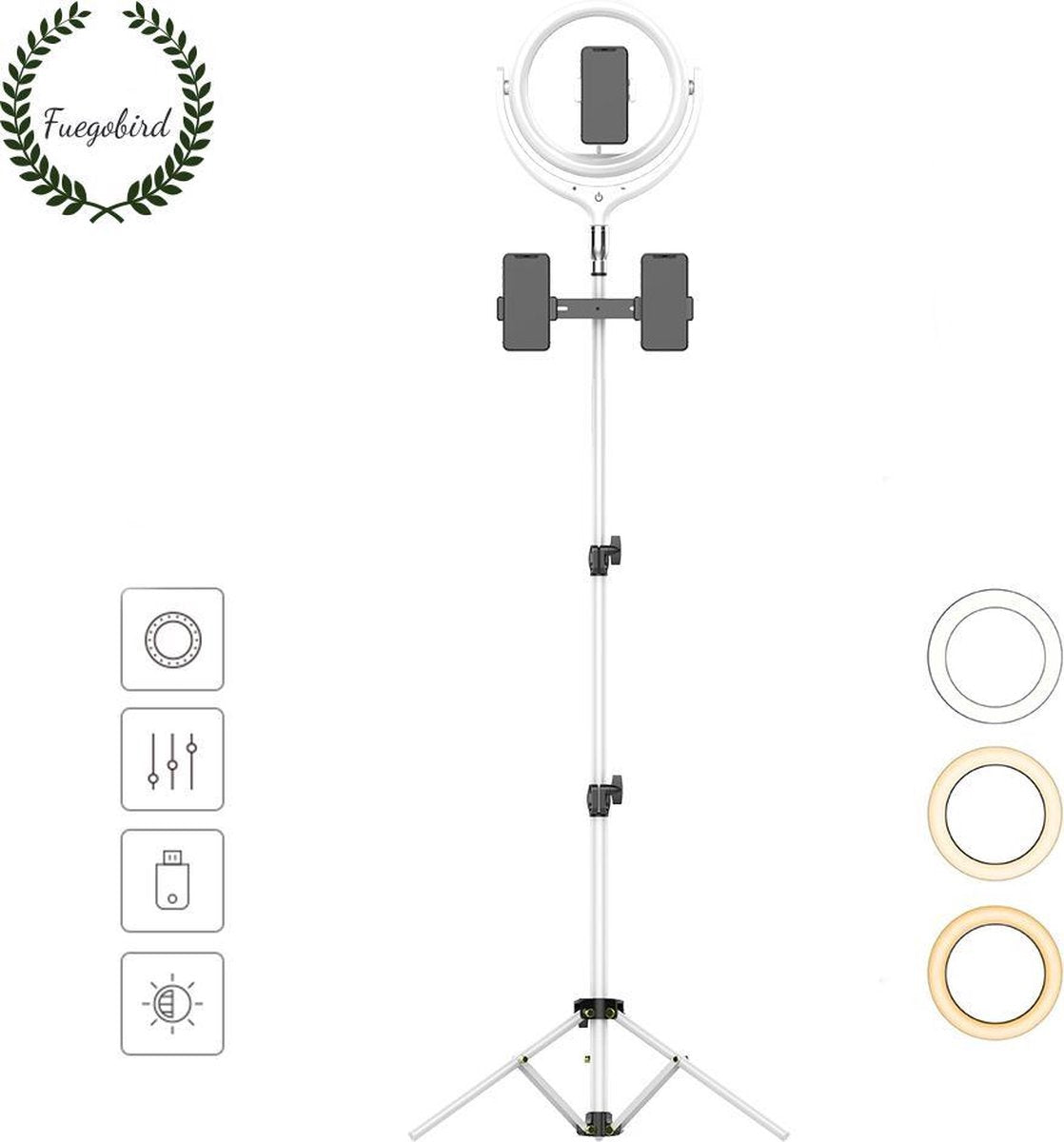 Fuegobird LED Ringlamp met statief  incl telefoonhouder - 30 cm - 200 cm hoog  (verstelbaar) - USB - TikTok - Ringlight - flitser - Ring lamp - Vlog - Make-up light - Studiolamp （Wit）