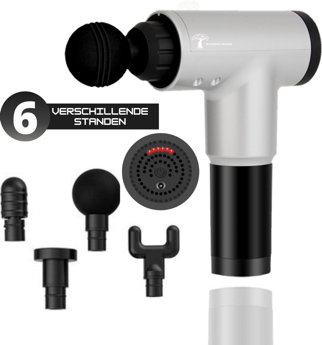 Blooming Baobab Professionele Massage Gun incl. 4 Opzetstukken – Massage Pistool – Lange Accuduur – Krachtpatser met 3200RPM - Grijs