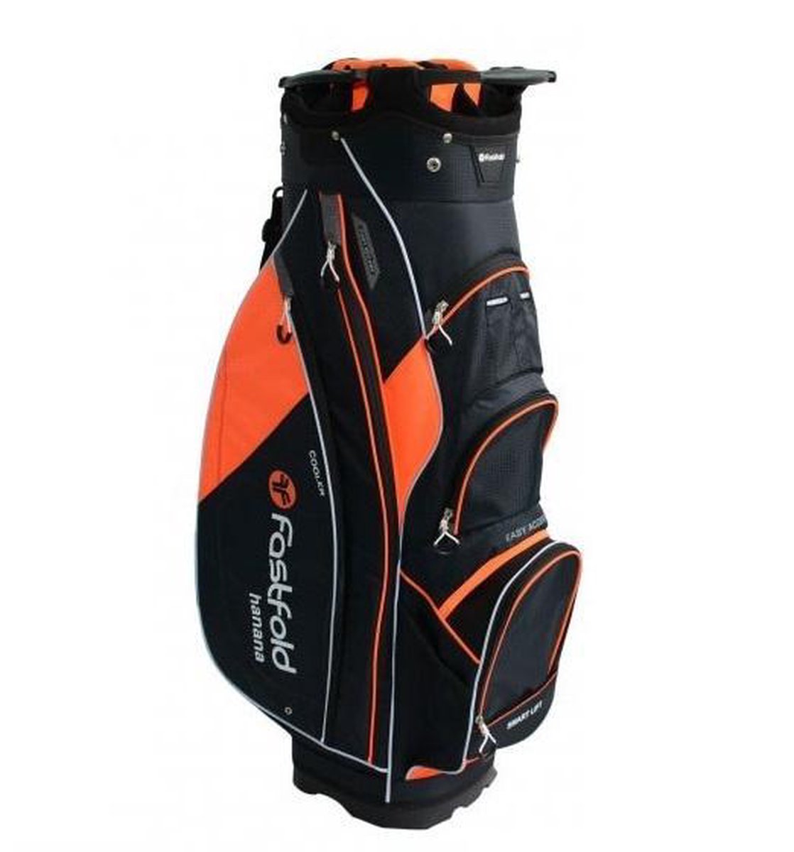 FastFold Hanana Cartbag - Zwart Orange - 14 vaks top - Geschikt voor elke golftrolley - Regenhoes