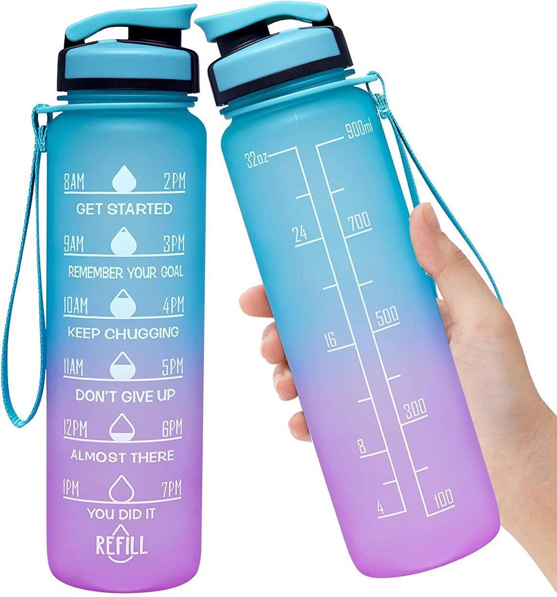 Mundo Drinkfles - 1 Liter - Waterfles - Lekvrij - Sport Bidon - Met Rietje - Met Motivatie Tekst - Roze Blauw - Bekend van TikTok en Instagram