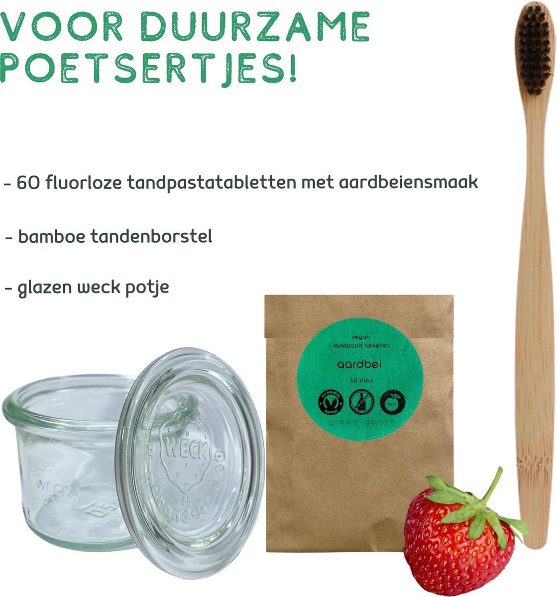 green-goose® Kinder Bamboe Tandverzorgingpakket Jongens | 60 Aardbei Tandpasta Tabletten | 1 Zachte Bamboe Tandenborstel | Glazen Bewaarpotje | Geen Fluoride