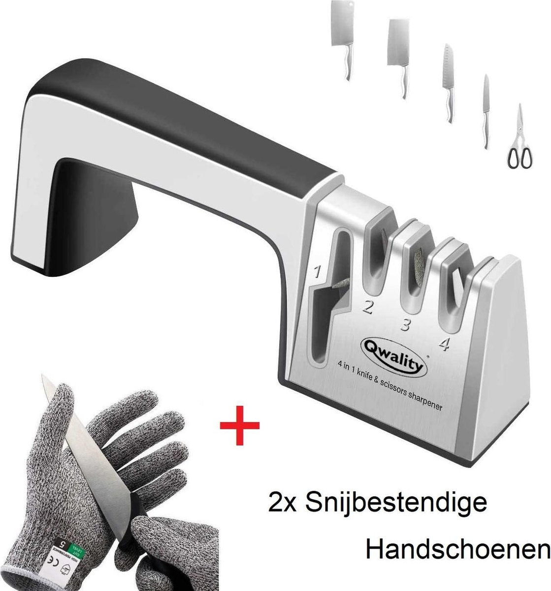 Messenslijper – Doortrekslijper Set - Messen en Scharen Slijpen - Scharenslijper - 4-in-1 – Incl. 2x Snijbestendige Handschoen - Qwality