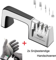 Messenslijper – Doortrekslijper Set - Messen en Scharen Slijpen - Scharenslijper - 4-in-1 – Incl. 2x Snijbestendige Handschoen - Qwality