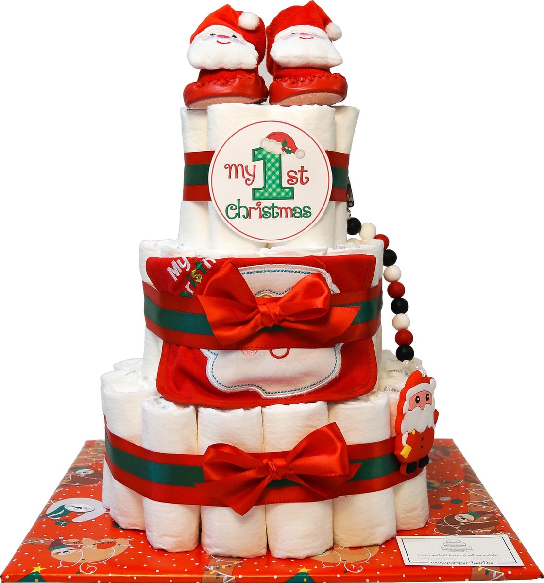 Luiertaart - Pampertaart Neutraal My First Christmas Kerstman - 54 Pampers - Rood