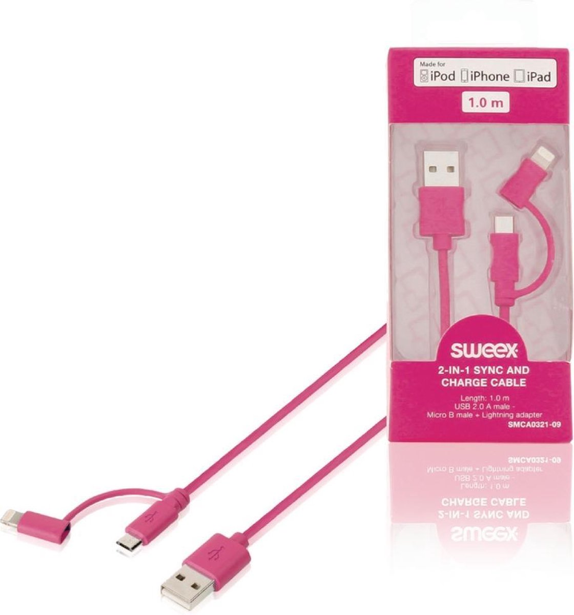 Sweex SMCA0321-09 2-in-1 Data En Oplaadkabel Usb Micro-b Male + Lightningadapter - A Male 1.00 M Roze