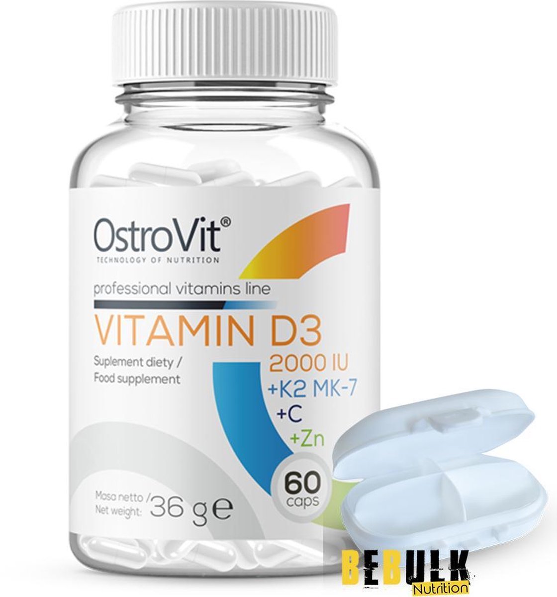 Vitaminen - Vitamine D3 2000 IU + K2 MK-7 + VC + Zink 60 Capsules OstroVit   + GRATIS Pill Box