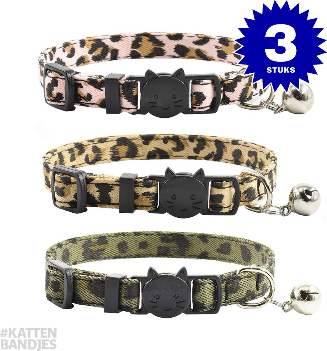 Kattenhalsband | Halsband kat | Kattenbandje | Kitten | Kattenband met belletje | Kattenhalsbandjes met veiligheidssluiting in leopard print - 3-pack