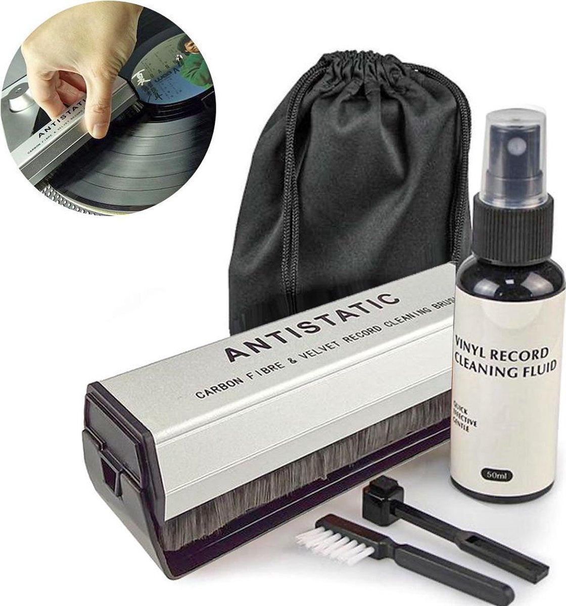 Platenborstel Premium Set - Antistatisch - Platenreiniger - LP Borstel - Vinyl Borstel - Vinyl reiniger - LP schoonmaakset - LP Reinigingsset - LP Reiniger - LP Speler - LP Opbergsysteem - Vinyl Opberg systeem - Platenhouder - LP Rek - Platenhouder