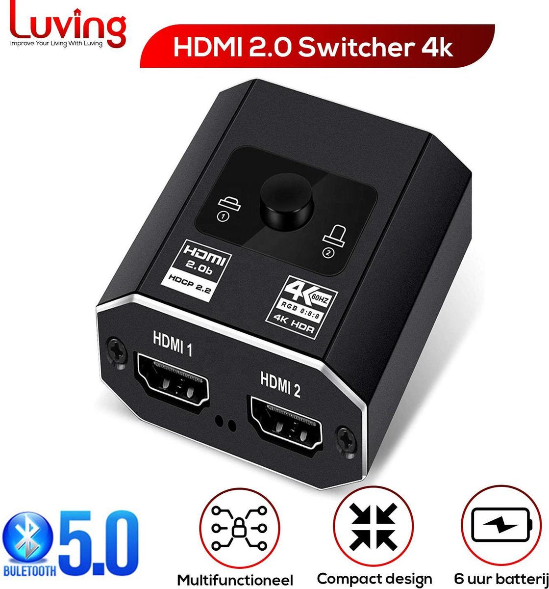 Luving - Tweerichtings HDMI Splitter Switcher - 1-in-2-uit - 4K - Plug & Play
