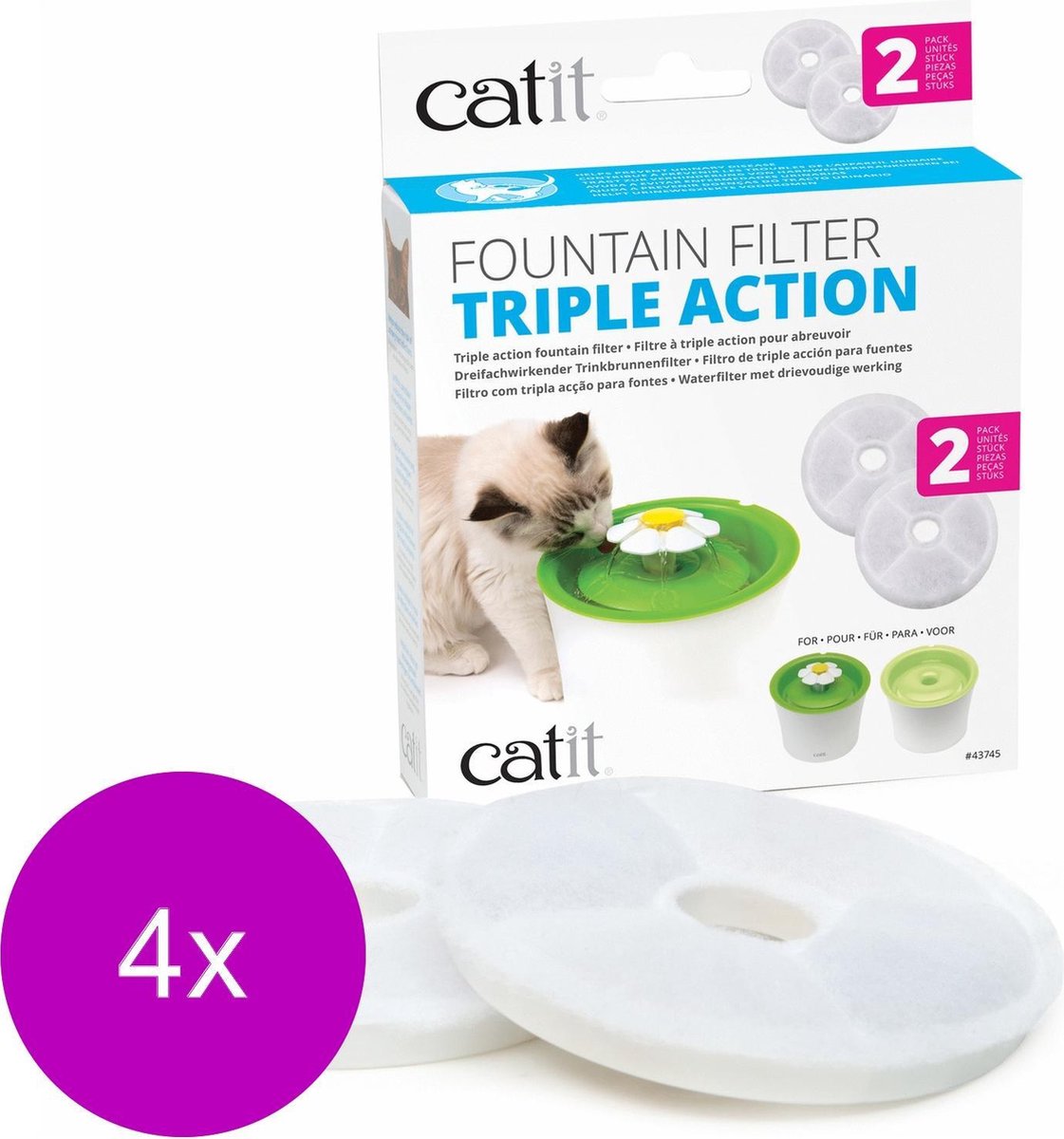 Catit Filters Triple Action 2 Pack - Kattendrinkbak - 4 x 4x14.5x17.5 cm Wit