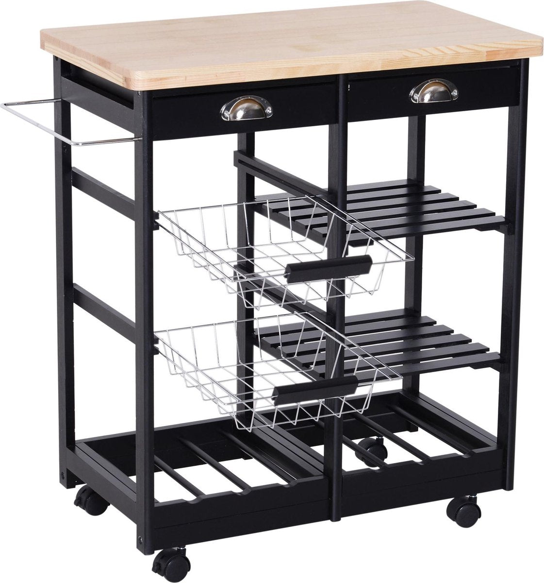 Nancy's Roanoke Keukentrolley - Keukenwagen - Serveerwagen - Wijnrek - Op Wieltjes - MDF - Hout - Zwart - Naturel - 74 x 37 x 76 cm