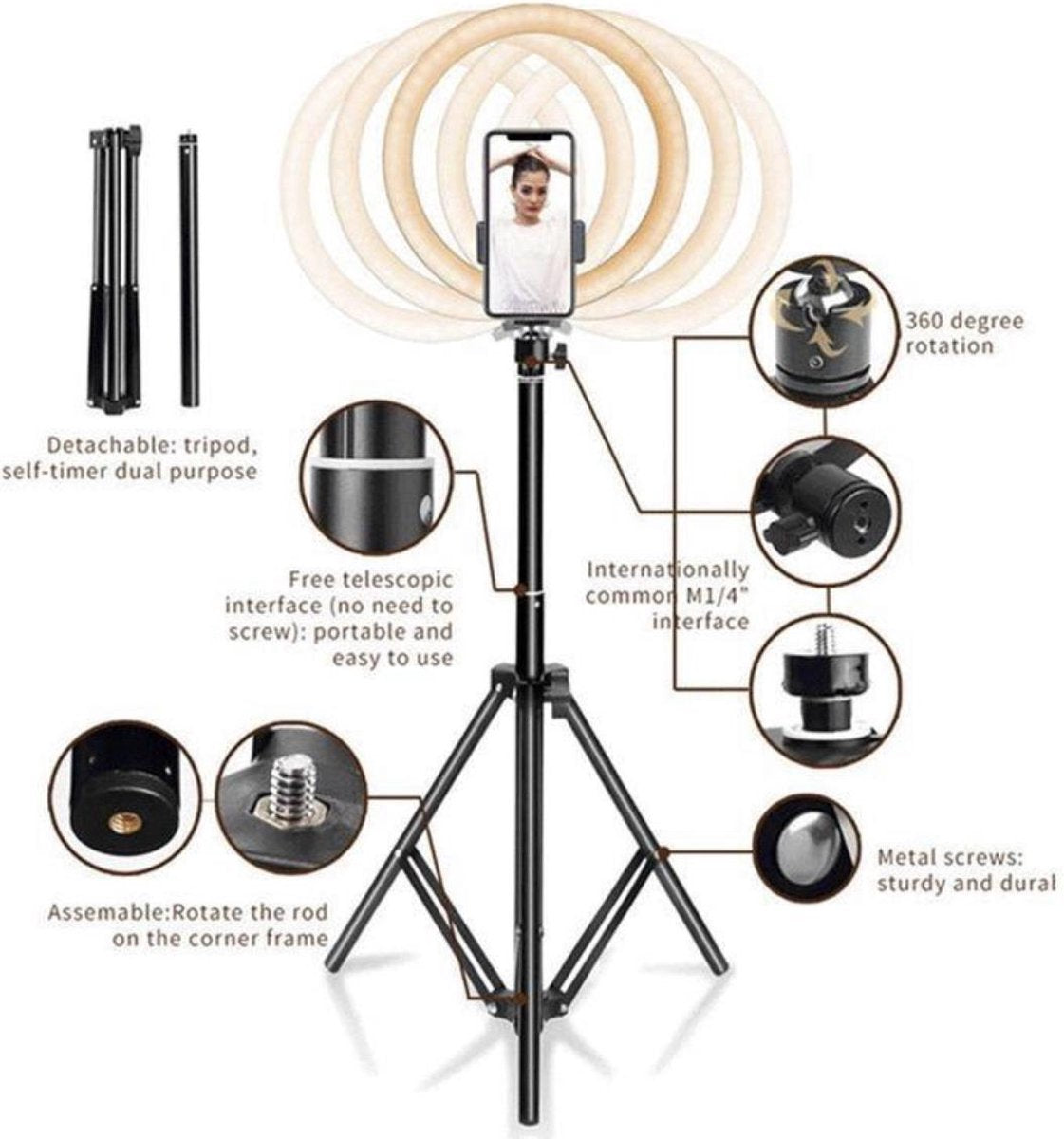 Selfie LED Ring Lamp 20Cm met Statief 210 CM hoog Inclusief Bluetooth afstandsbediening en Telefoonhouder Smartphone