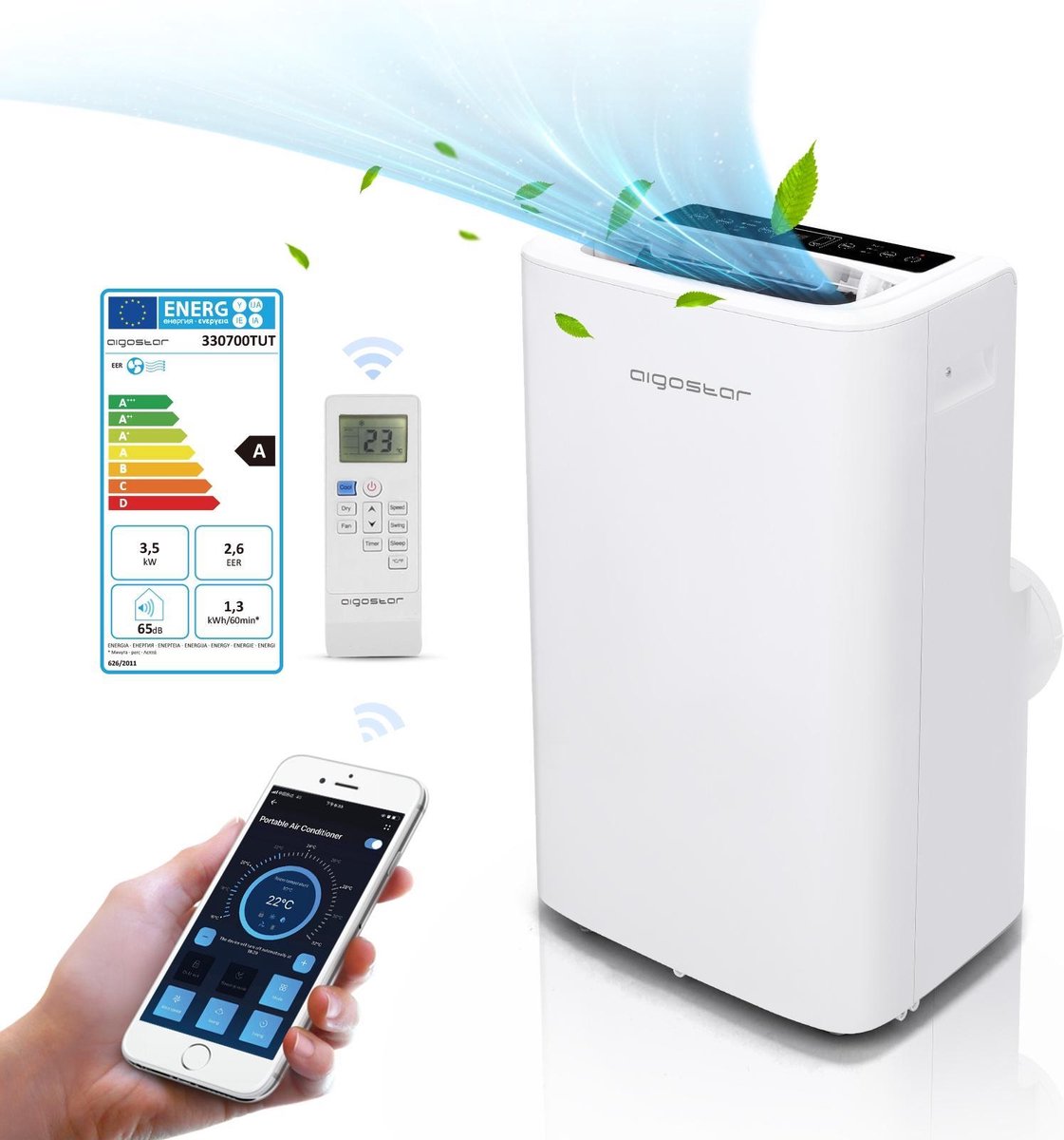Aigostar Iceberg Smart 33TUT - Mobiele airco - Airconditioning met Wifi en App - 12000 BTU - 3-in-1 - Wit