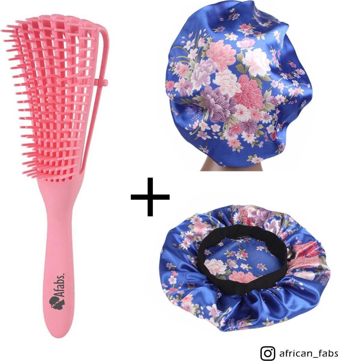 Afabs® Roze Anti-klit Haarborstel + Blauwe bloemen satijnen slaapmuts | Detangler brush | Detangling brush | Satin cap / Hair bonnet / Satijnen nachtmuts / Satin bonnet | Kam voor Krullen | Kroes haar borstel