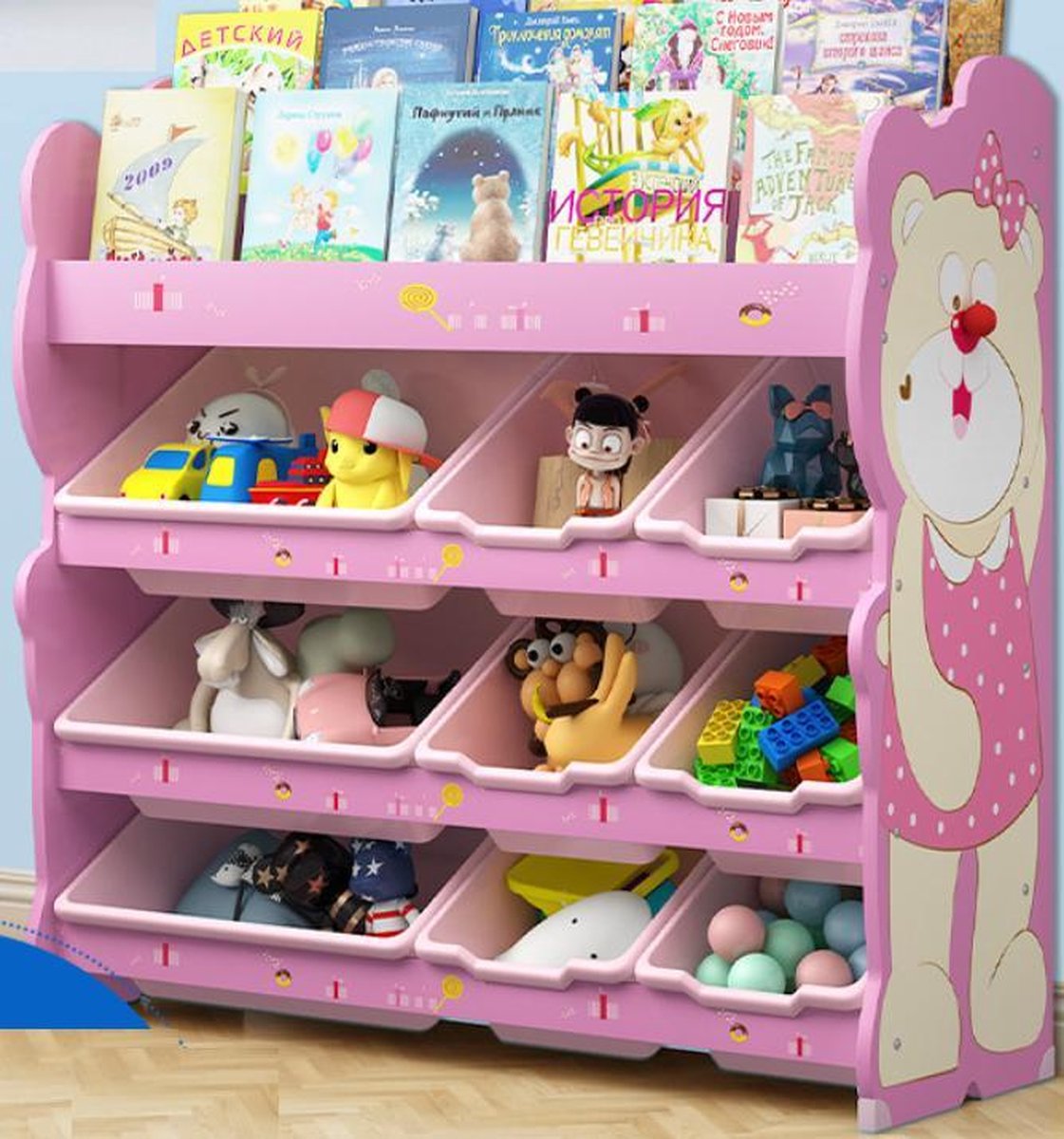 Onshine 3-laags Kast met 9 Opslagbakken & Boekenplank - Roze Beer - Opbergkast - Speelgoedrek - Opbergrek kinderen - Speelgoedboxen - Opbergmeubel - Kast voor kinderkamer - Kinderkast - Organizer - Speelgoedkast - Meubels voor kinderkamer