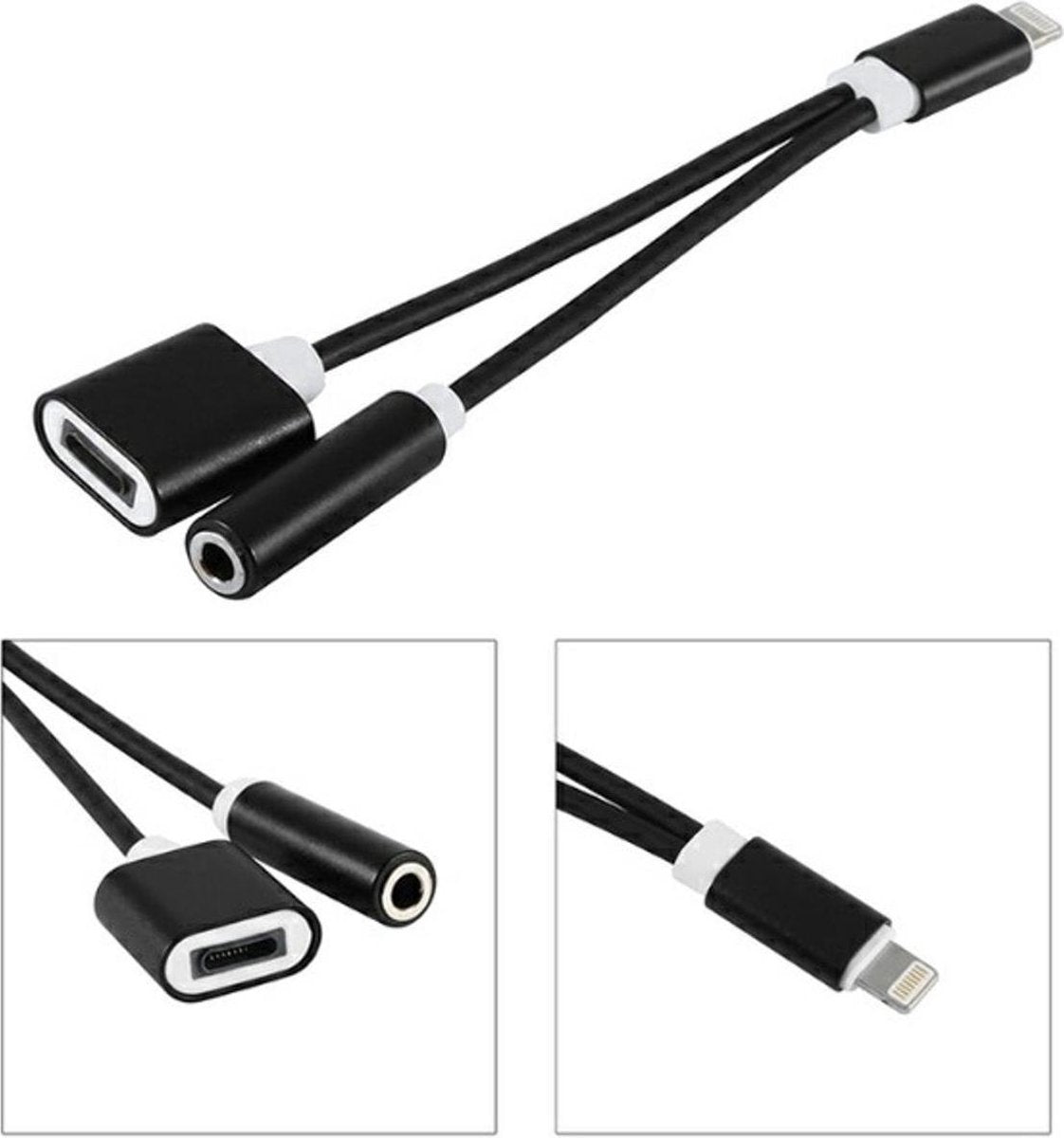 2 in 1 Lightning en 3.5 mm Audio Jack Adapter voor Apple iPhone Zwart