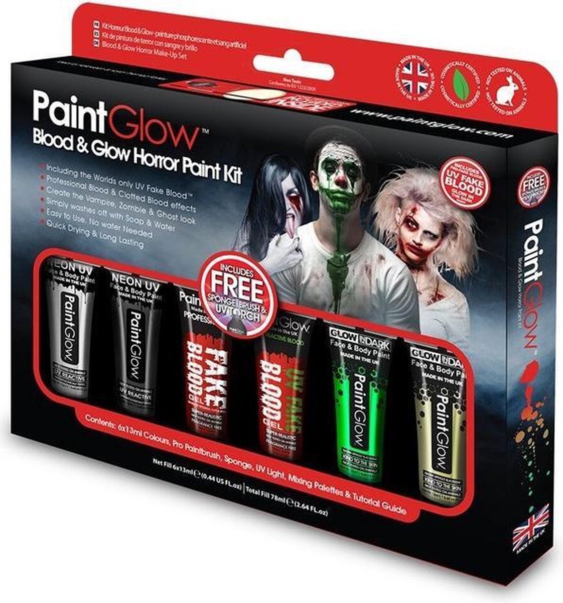 Box Halloween Face & Body paint bloed en glow set 6 stuks